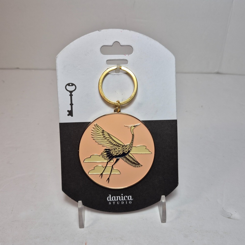 Danica Studios Keychain Fob 'FLIGHT OF FANCY' CRANE 2.5" Round Pink